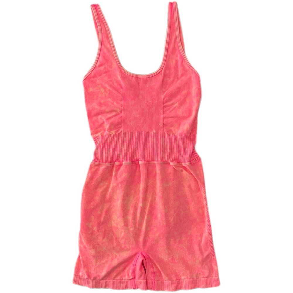 Zenana Neon Coral Fuschia Washed Sports Romper L/XL